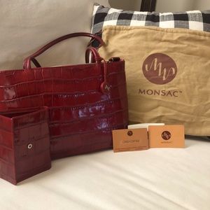 Monsac Deep Red Croc Leather Shoulder Bag w/wallet